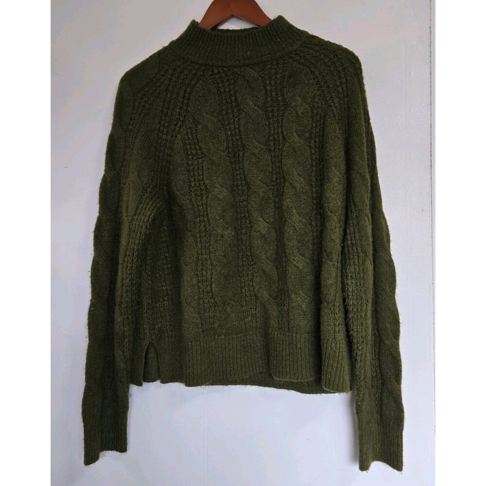 J. Crew Sweater Womens M Green Roll Neck Cableknit Alpaca Blend Fisherman Basic
